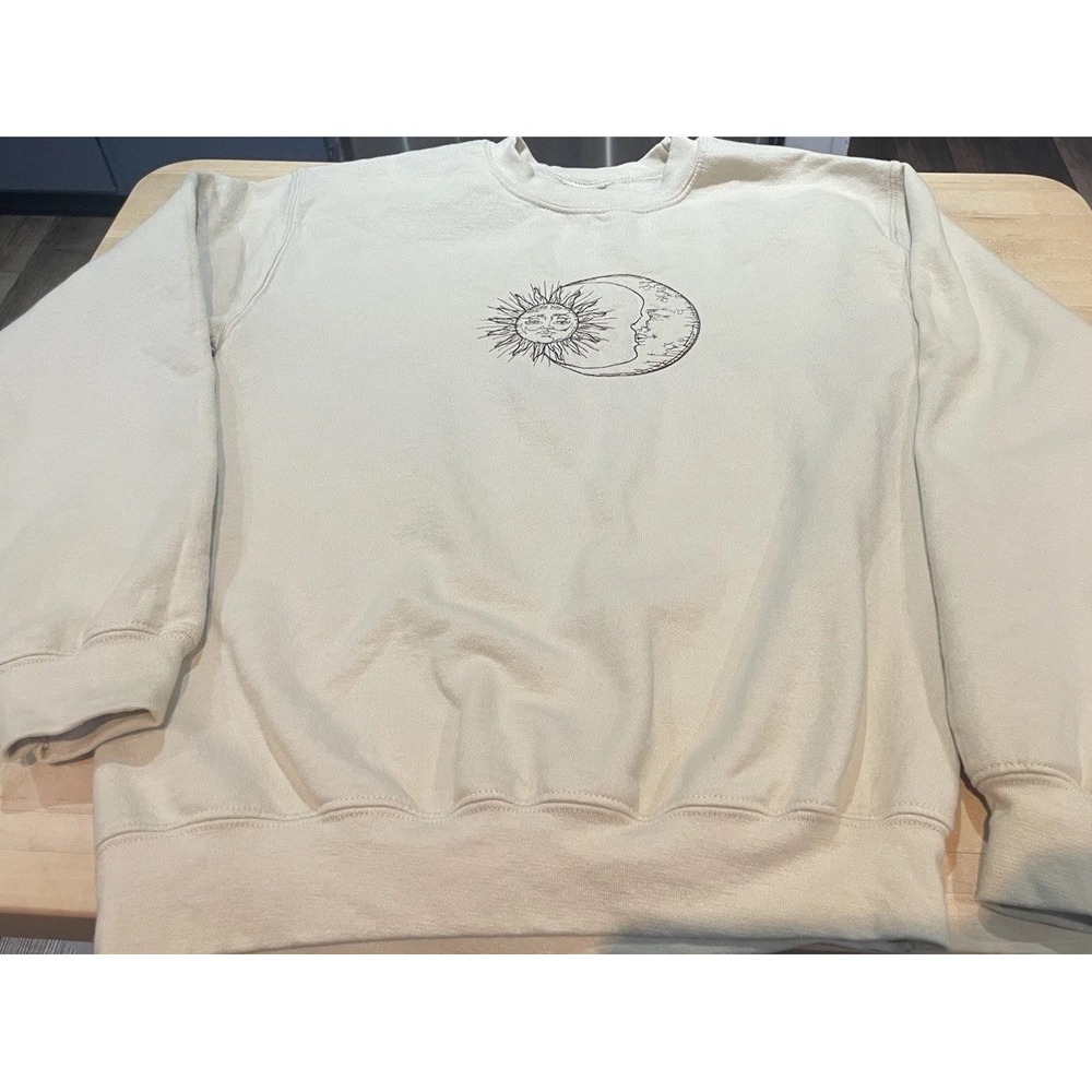 Celestial Embroidered Sun & Moon Beige Brown Sweatshirt S Boheminan Comfort Fes